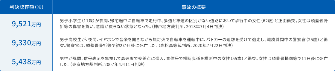 判決認容額と事故の概要が記された、自転車での加害事故例の表