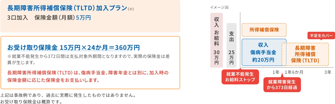 長期障害所得補償保険（TLTD）加入プランの例、3口加入で保険金額（月額）5万円、月払保険料 3,525円。お受け取り保険金は15万円の24か月分で360万円。